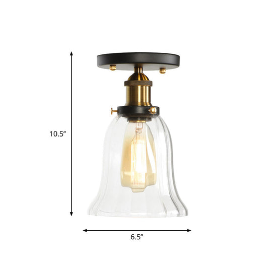 Mini Corridor Semi Flush Light Farmhouse Globe/Pear Ceiling Lamp – Clear Ribbed Glass, Black & Brass Finish