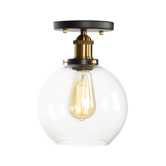 Mini Corridor Semi Flush Light Farmhouse Globe/Pear Ceiling Lamp – Clear Ribbed Glass, Black & Brass Finish