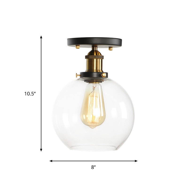 Mini Corridor Semi Flush Light Farmhouse Globe/Pear Ceiling Lamp – Clear Ribbed Glass, Black & Brass Finish