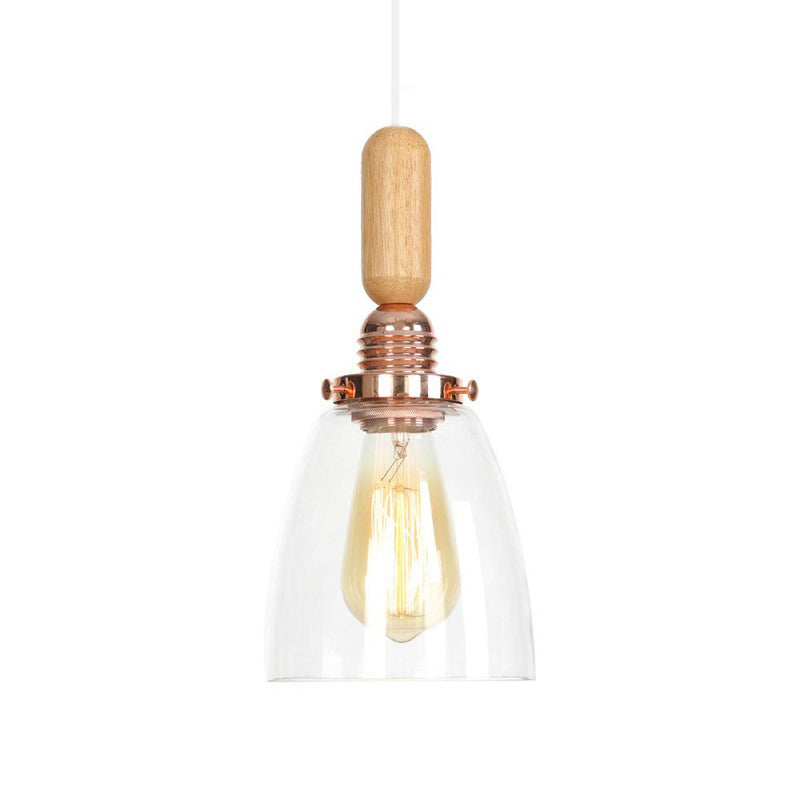 Rustic Rose Gold 1-Light Hanging Lamp With Clear Ribbed Glass Shade And Wood Handle / A