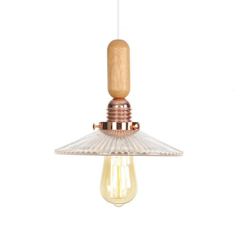 Rustic Rose Gold Hanging Lamp with Saucer/Bell Shade, Wood Handle, and Clear Ribbed Glass Pendant