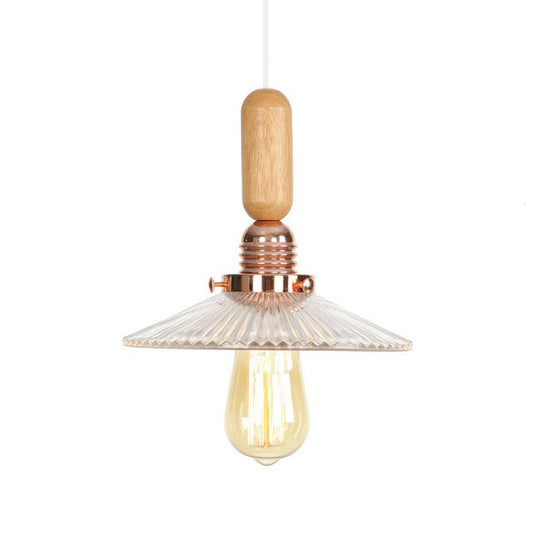 Rustic Rose Gold Hanging Lamp with Saucer/Bell Shade, Wood Handle, and Clear Ribbed Glass Pendant