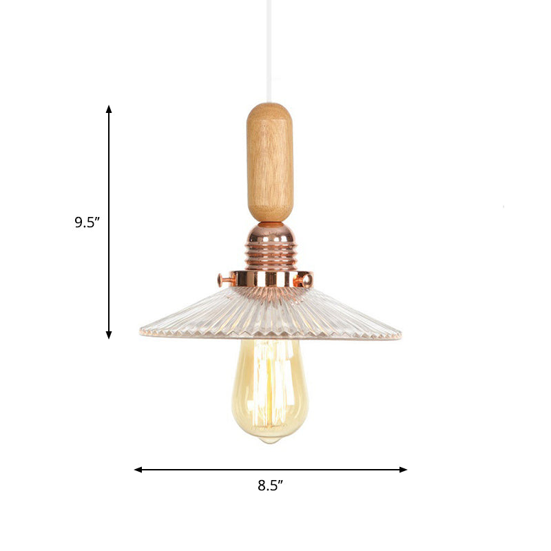 Rustic Rose Gold Hanging Lamp with Saucer/Bell Shade, Wood Handle, and Clear Ribbed Glass Pendant