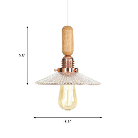 Rustic Rose Gold 1-Light Hanging Lamp With Clear Ribbed Glass Shade And Wood Handle