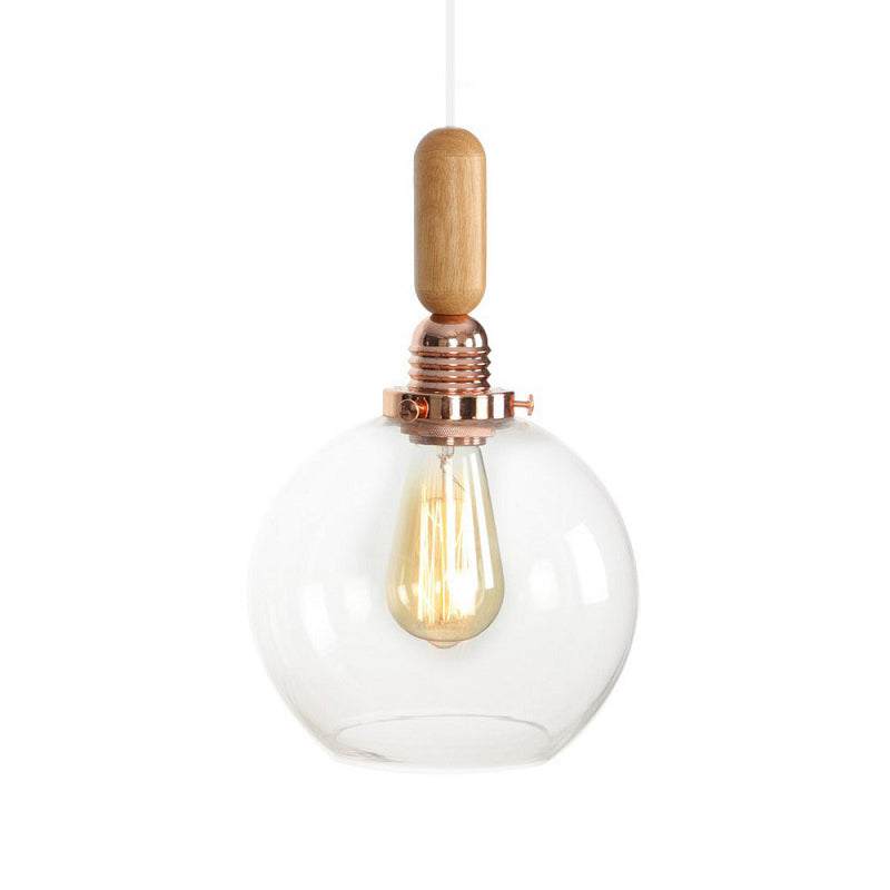 Rustic Rose Gold Hanging Lamp with Saucer/Bell Shade, Wood Handle, and Clear Ribbed Glass Pendant