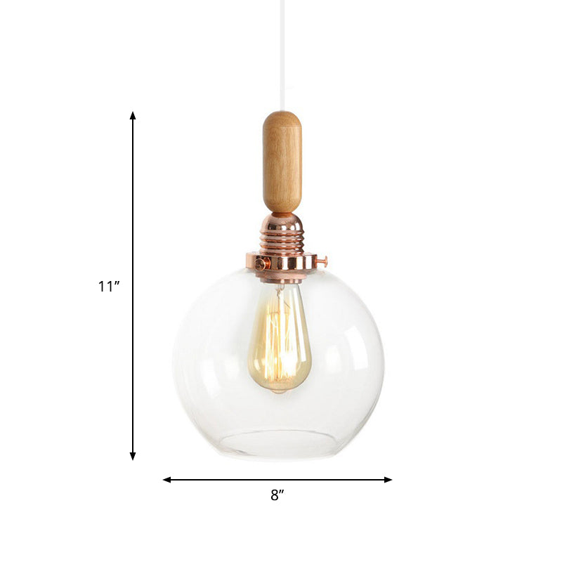 Rustic Rose Gold Hanging Lamp with Saucer/Bell Shade, Wood Handle, and Clear Ribbed Glass Pendant