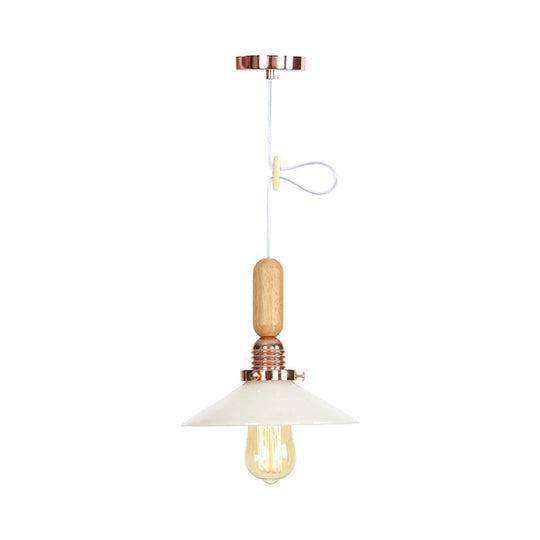 Rustic Rose Gold Hanging Lamp with Saucer/Bell Shade, Wood Handle, and Clear Ribbed Glass Pendant