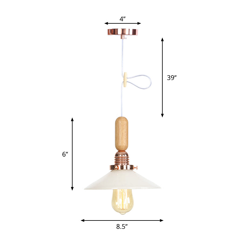 Rustic Rose Gold Hanging Lamp with Saucer/Bell Shade, Wood Handle, and Clear Ribbed Glass Pendant