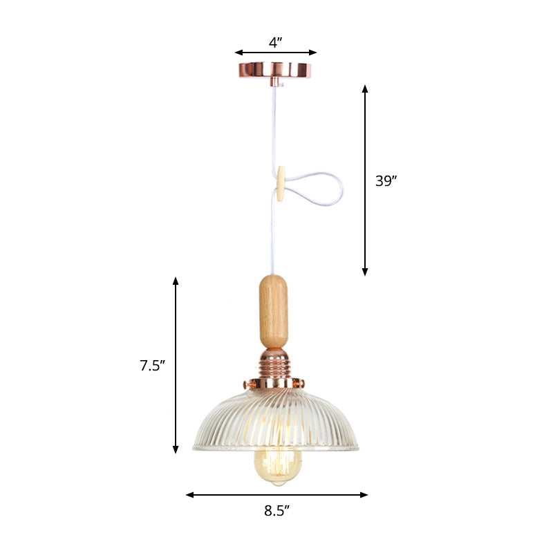 Rustic Rose Gold Hanging Lamp with Saucer/Bell Shade, Wood Handle, and Clear Ribbed Glass Pendant