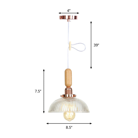 Rustic Rose Gold Hanging Lamp with Saucer/Bell Shade, Wood Handle, and Clear Ribbed Glass Pendant