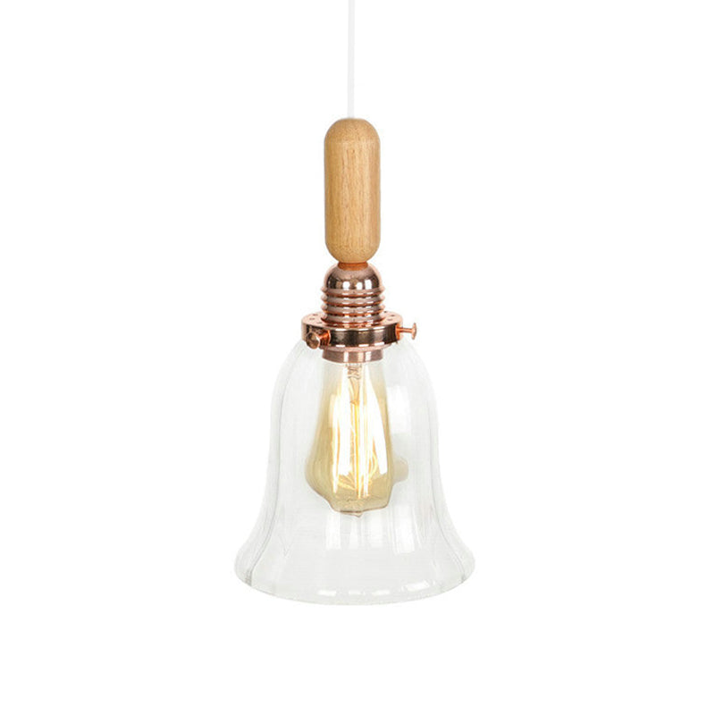 Rustic Rose Gold 1-Light Hanging Lamp With Clear Ribbed Glass Shade And Wood Handle / E