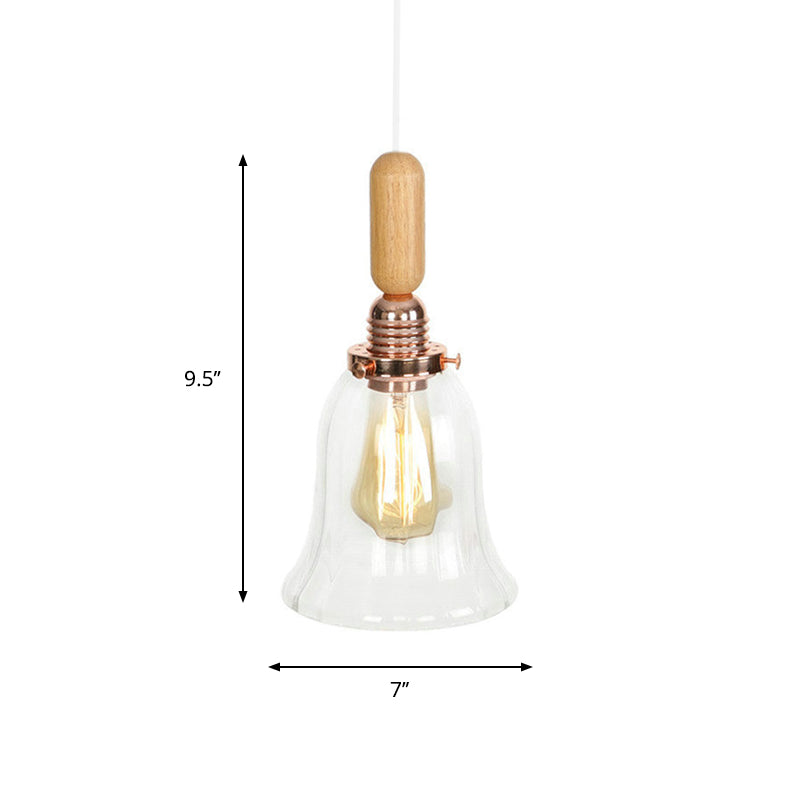 Rustic Rose Gold Hanging Lamp with Saucer/Bell Shade, Wood Handle, and Clear Ribbed Glass Pendant