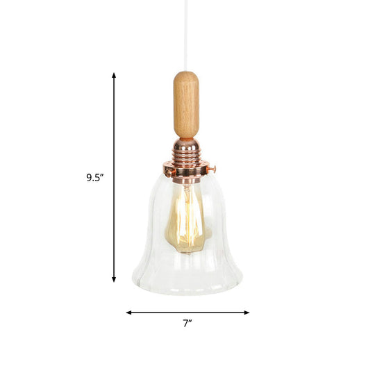 Rustic Rose Gold Hanging Lamp with Saucer/Bell Shade, Wood Handle, and Clear Ribbed Glass Pendant