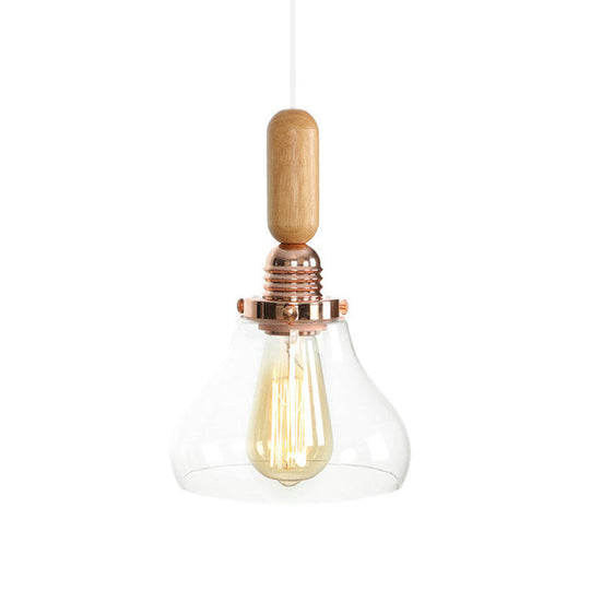 Rustic Rose Gold 1-Light Hanging Lamp With Clear Ribbed Glass Shade And Wood Handle / D