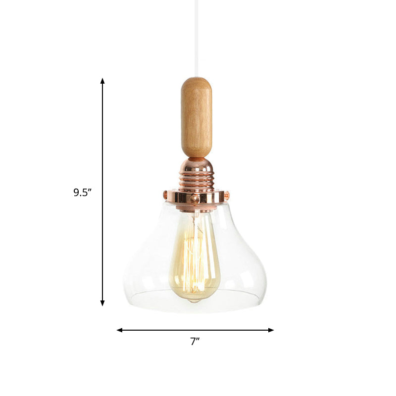 Rustic Rose Gold Hanging Lamp with Saucer/Bell Shade, Wood Handle, and Clear Ribbed Glass Pendant