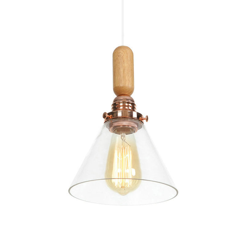 Rustic Rose Gold 1-Light Hanging Lamp With Clear Ribbed Glass Shade And Wood Handle / C