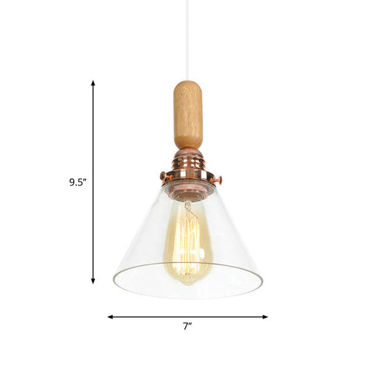 Rustic Rose Gold Hanging Lamp with Saucer/Bell Shade, Wood Handle, and Clear Ribbed Glass Pendant