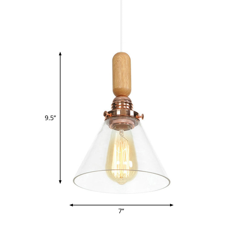 Rustic Rose Gold 1-Light Hanging Lamp With Clear Ribbed Glass Shade And Wood Handle