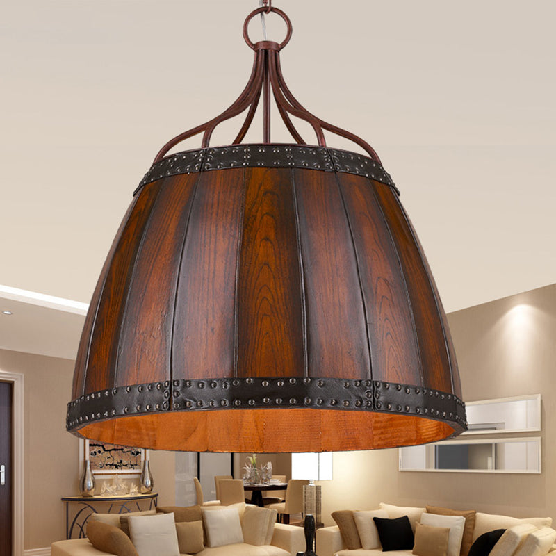 Rustic Brown Wood Drum Pendant Light - 4 Bulbs Living Room Chandelier Lamp