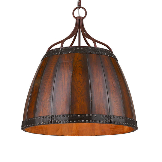 Rustic Brown Wood Drum Pendant Light - 4 Bulbs Living Room Chandelier Lamp