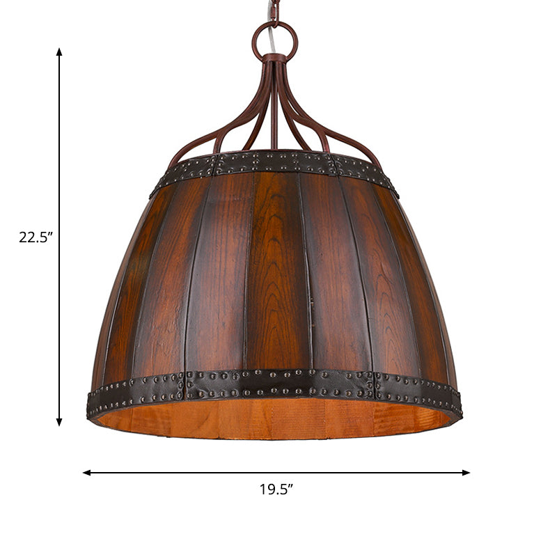 Rustic Brown Wood Drum Pendant Light - 4 Bulbs Living Room Chandelier Lamp