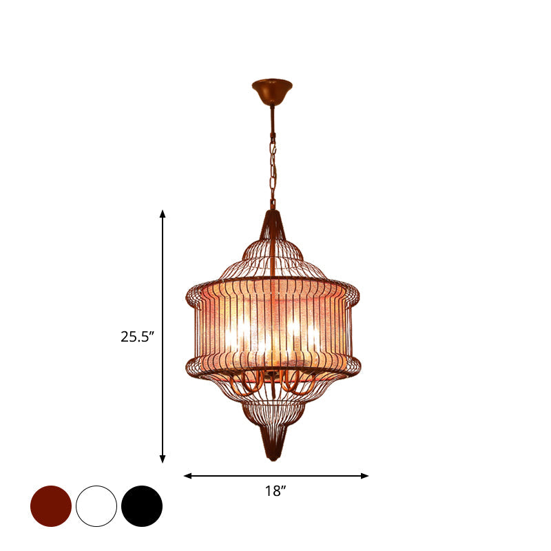 Farmhouse Black/Red/White Metal Lantern Pendant: 5-Bulb Cage Suspension Lighting Fixture For Dining