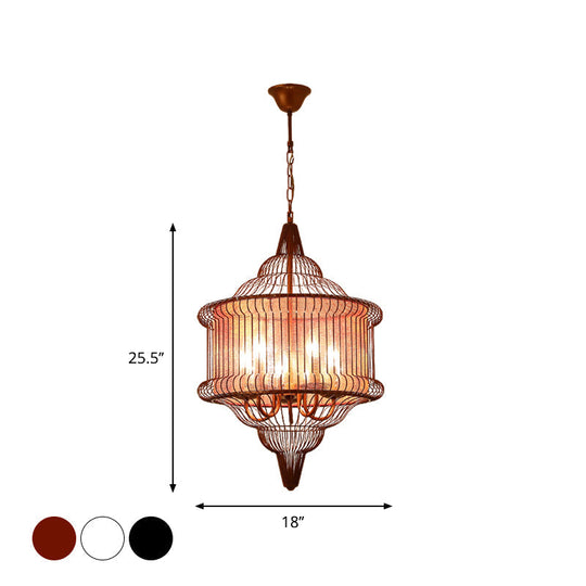 Farmhouse Black/Red/White Metal Lantern Pendant: 5-Bulb Cage Suspension Lighting Fixture For Dining