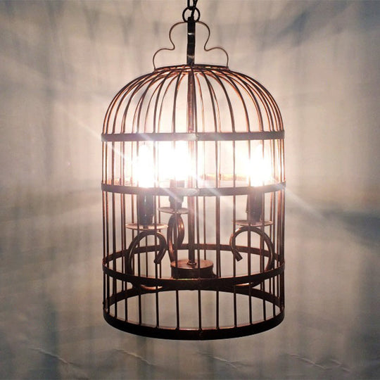 Black Metal Bird Cage Pendant Light: 3-Head Indoor Chandelier Fixture