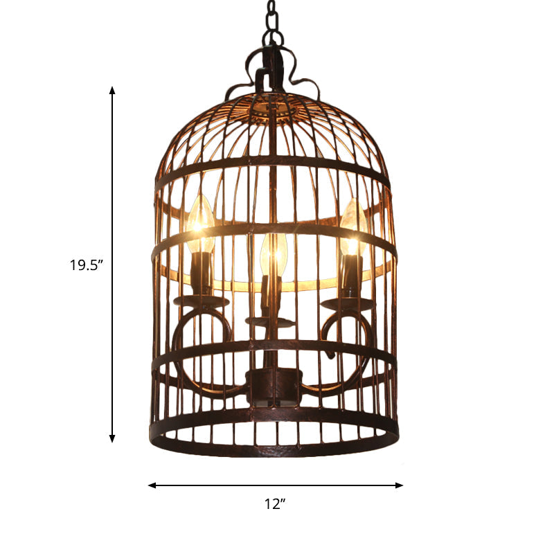 Black Metal Bird Cage Pendant Light: 3-Head Indoor Chandelier Fixture