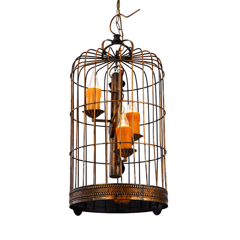 Vintage Countryside Chandelier Lamp With Amber Drop Pendant And Resin Bird Cage