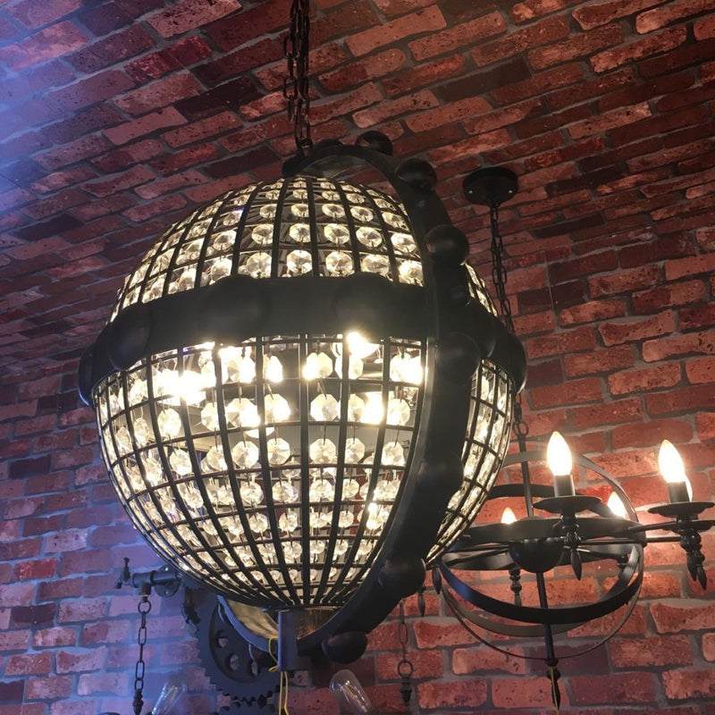 Rustic Wire Cage Globe Chandelier - 6 Bulbs Beveled Crystal Pendant Black Ceiling Light