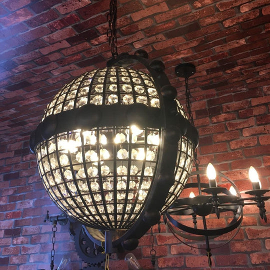 Rustic Wire Cage Globe Chandelier - 6 Bulbs Beveled Crystal Pendant Black Ceiling Light