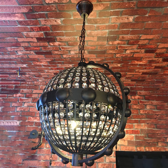 Rustic Wire Cage Globe Chandelier - 6 Bulbs Beveled Crystal Pendant Black Ceiling Light