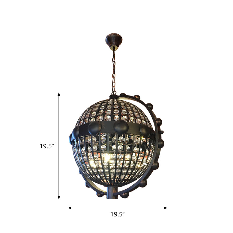 Rustic Wire Cage Globe Chandelier - 6 Bulbs Beveled Crystal Pendant Black Ceiling Light