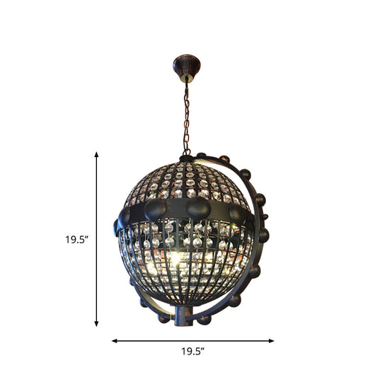 Rustic Wire Cage Globe Chandelier - 6 Bulbs Beveled Crystal Pendant Black Ceiling Light