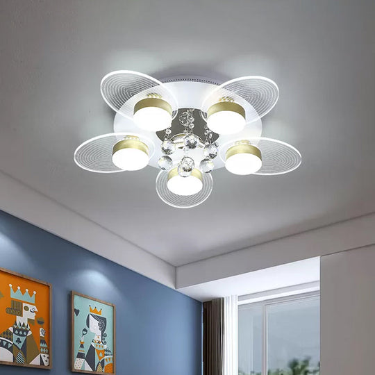 Contemporary Floral Crystal Flush Light With 5 Led Bulbs - White Ceiling Lighting Clear Glass Panel