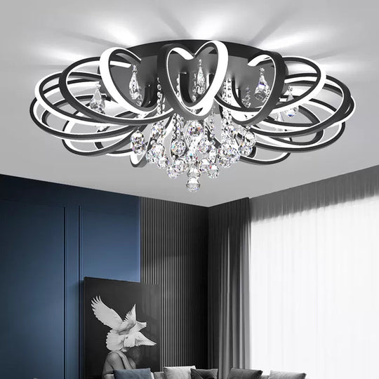 Modern Black Flush Mount LED Ceiling Light with Crystal Accent for Living Room