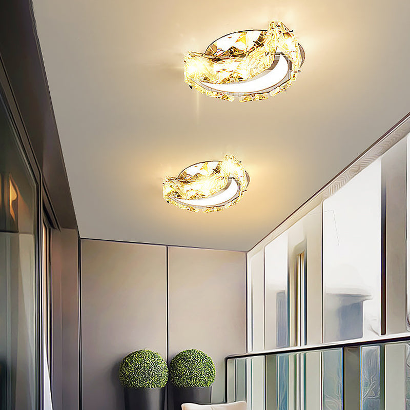 Stainless Steel Moon Flushmount LED Crystal Hallway Light