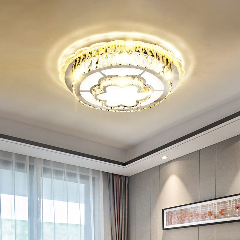 Modern Round Crystal Ceiling Lamp with Stainless-Steel LED Flush Mount Lighting and Heart/Flower Pattern