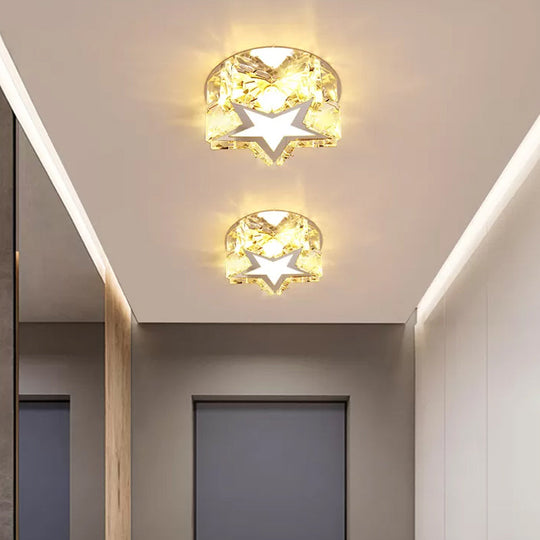 Simplicity Crystal Block Stainless-Steel Circle/Star LED Flush Mount Ceiling Light for Corridor