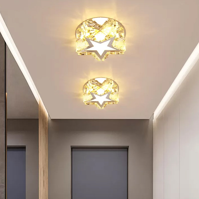 Simplicity Crystal Block Stainless-Steel Circle/Star Led Flush Mount Ceiling Light For Corridor