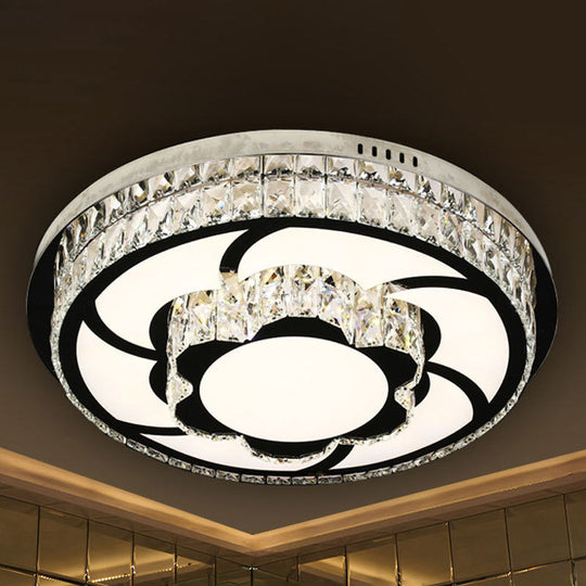 P Stainless-Steel Flushmount Light with Clear Faceted Crystal Shade - Flower/Round Design