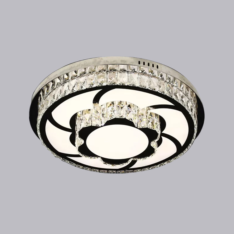 P Stainless-Steel Flushmount Light with Clear Faceted Crystal Shade - Flower/Round Design