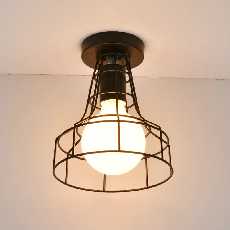 Vintage Urn/Vase Cage Metal Flush Mount Light With 1 Bulb - Black