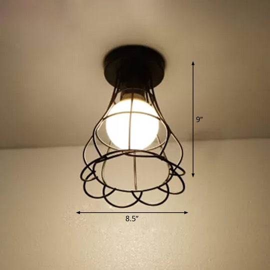 Vintage Urn/Vase Cage Metal Flush Mount Light With 1 Bulb - Black