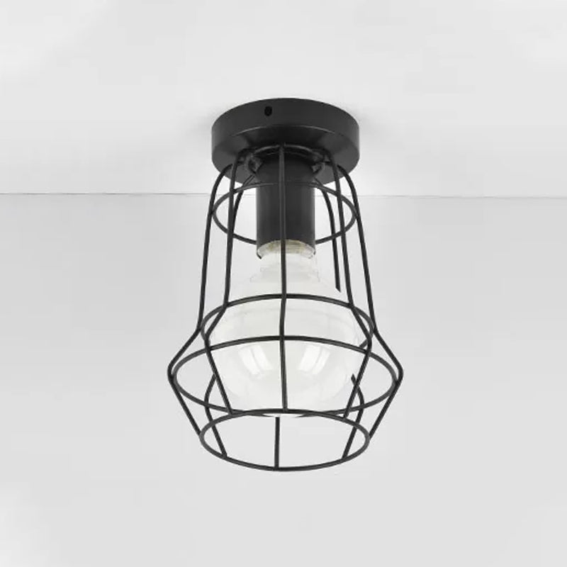 Vintage Urn/Vase Cage Metal Flush Mount Light With 1 Bulb - Black / Tower