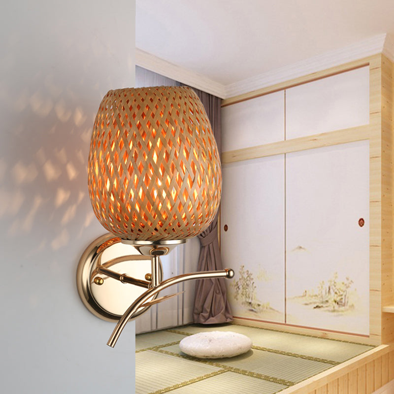 Contemporary Rattan Dome Shade Sconce Wall Lamp In Beige