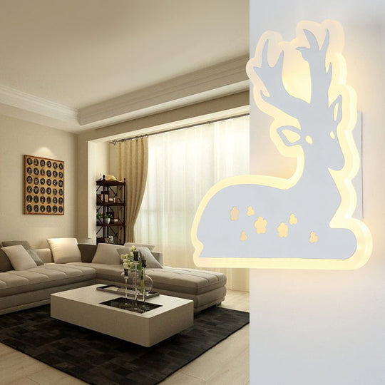 Sika Deer Wall Sconce Light For Corridor Stairway - White Finish Acrylic Animal Design / Warm