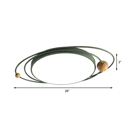 Nordic Style Metal Led Flush Ceiling Light - Drum Lamp With Orbit Design In Green/Grey/White