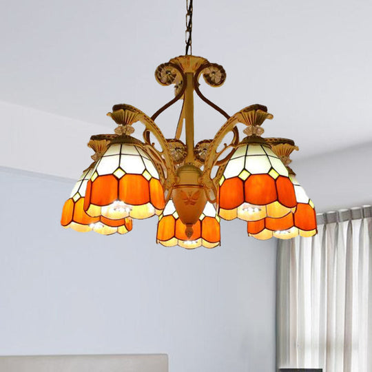 Baroque Grid Cut Glass Pendant Chandelier - 3/5 Lights in Orange/Blue - Curved Arm - 19"/19.5